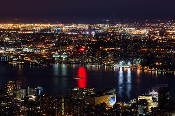 Aerial view of Hudson River at night in New York