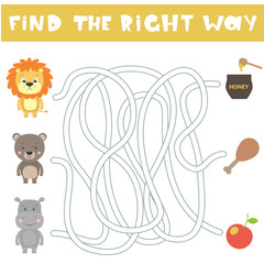 Children game with cartoon animals. Find the right way. Vector illustration