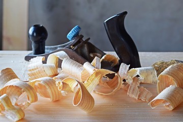 Planer and wood shavings.Carpentry tools.