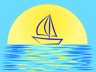 Beautiful sunset landscape with a sailboat on the background of a huge sun
