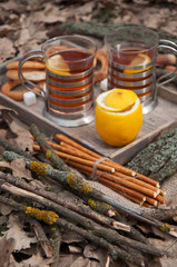 Glasses with tea in cup holders, lemon and bagels at a picnic in an oak forest 3