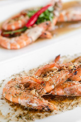 portuguese seafood mixed traditional prawn tapas dishes on restaurant table