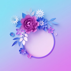 3d render, neon paper flowers, isolated round frame, wreath, pastel color botanical wallpaper, greeting card template, minimal background, space for text, blank banner
