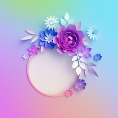 3d render, neon paper flowers, isolated round frame, wreath, pastel color botanical wallpaper, greeting card template, minimal background, space for text, blank banner