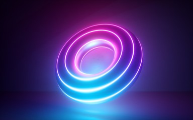 3d render, abstract background with glowing neon torus shape, rings, cosmic donut, laser show, esoteric energy, ultraviolet spectrum