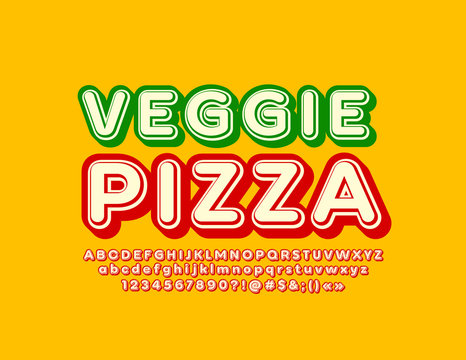 Vector bright banner Veggie Pizza with retro style Font. Set of vintage Alphabet Letters, Numbers and Symbols