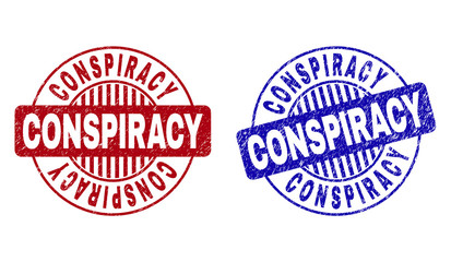 Grunge CONSPIRACY round stamp seals isolated on a white background. Round seals with grunge texture in red and blue colors. Vector rubber imitation of CONSPIRACY tag inside circle form with stripes.