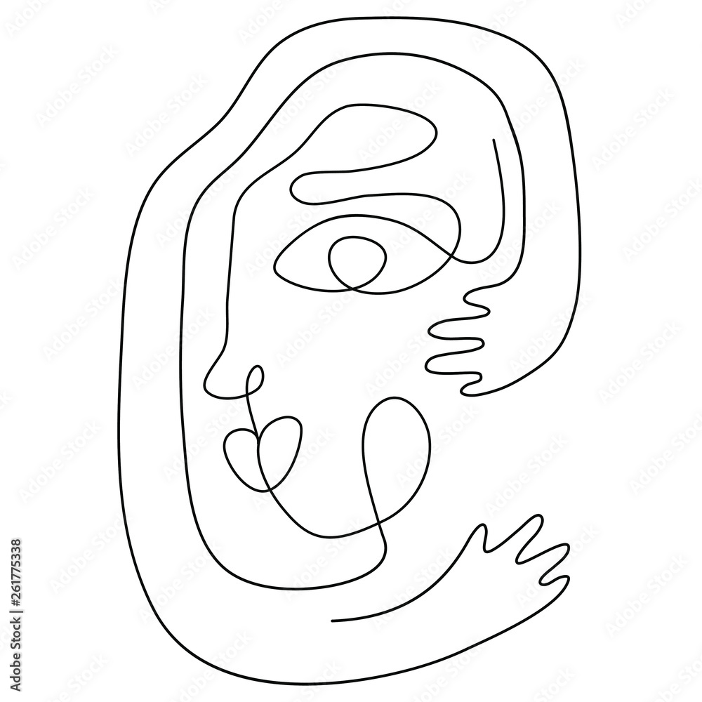 Wall mural Continuous line drawing portrait. Aesthetic contour. One line art woman with hands in the ethnic style. Modern minimalist, abstract vector illustration of girl hugging herself