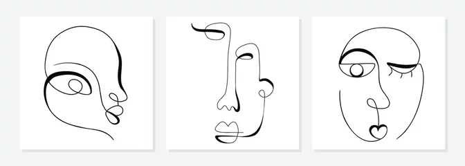 Eine Linie, die abstraktes Gesicht zeichnet. Modernes einzeiliges Kunstporträt von Mann und Frau, minimalistische Kontur. Ideal für Wohnkultur wie Poster, Wandkunst, Tragetasche, T-Shirt-Druck, Aufkleber, Handyhülle. Vektor © Dasha D