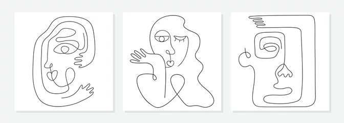Eine Linie, die abstraktes Gesicht zeichnet. Modernes, durchgehendes Kunstporträt von Mann und Frau, minimalistische Kontur. Ideal für Wohnkultur wie Poster, Wandkunst, Tragetasche, T-Shirt-Druck, Handyhülle. Vektor © Dasha D