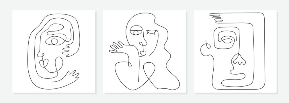 One line drawing abstract face. Modern continuous line art man and woman portrait, minimalist contour. Great for home decor such as posters, wall art, tote bag, t-shirt print, mobile case. Vector
