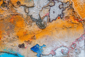 Old cracked rusty peeled colorful paint background texture close-up