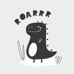 Cute black and white dinosaur for kids. Doodle style funny doole dino poster
