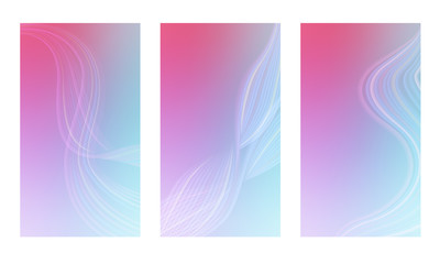 Set of vertical abstract color backgrounds with blurred flow effect. Screen wallpaper template is soft pink to light blue gradient. Vector illustration.