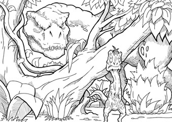 Coloring book. Funny dinosaur in a prehistoric landscape. Cartoon and vector isolated character on background.