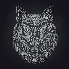 Wild beautiful wolf head hand draw on a chalk board background. Fashion in a vector illustration