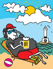 Cartoon sheep on the beach drinks beer with a hat and sunglasses on a deckchair.