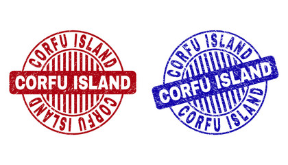 Grunge CORFU ISLAND round stamp seals isolated on a white background. Round seals with grunge texture in red and blue colors.