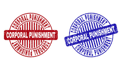 Grunge CORPORAL PUNISHMENT round stamp seals isolated on a white background. Round seals with grunge texture in red and blue colors.