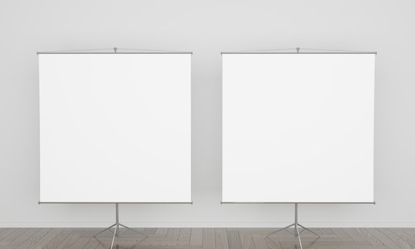 White background with two projection screen, empty frame 3D illustration