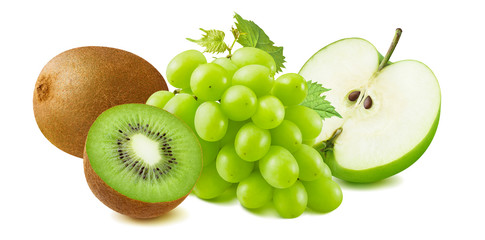 Kiwi, green grapes and apple isolated on white background