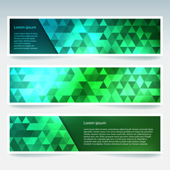 Fototapeta premium Horizontal banners set with green polygonal triangles. Polygon background, vector illustration