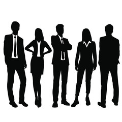 Set of silhouettes of men and women standing in different poses, cartoon character, group of business people, vector illustration, flat designe icon, isolated on white 
