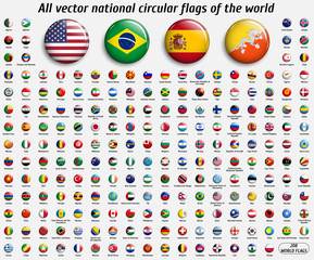 Vector collection of 208 national circular flags with detailed emblems and transparent effect