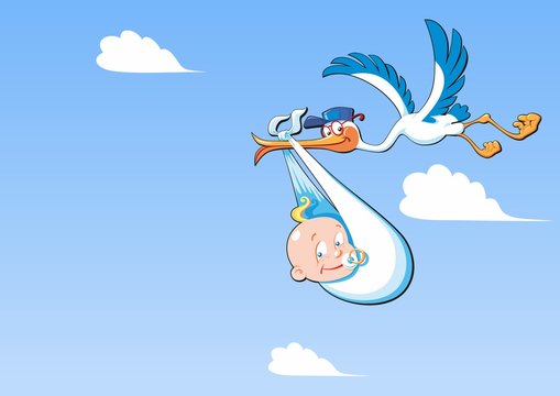 Cute cartoon stork and baby. A flying bird carrying a newborn baby, against a blue sky with white clouds with copy space.