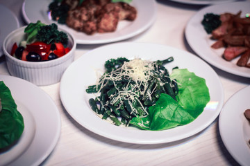 close up. asparagus with cheese and spinach sauce.