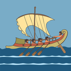 cartoon ancient greek ship with rowers at sea © olku