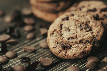 Chocolate chip cookies. On an old wooden table.
