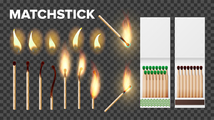 Burning Matches In Matchbooks, Flame Vector Set. Burnt Matches Stages Isolated Cliparts Pack. Wooden Matchsticks, Lighter With Fire On Transparent Background. Matchboxes Realistic Illustration