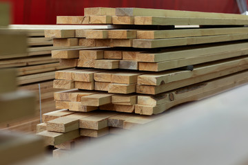 Wooden planks. Air-drying timber stack. Wood air drying (seasoning lumber or wood seasoning).