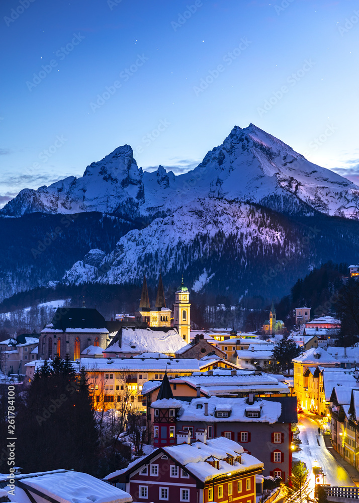 Wall mural historic town of berchtesgaden with famous watzmann mountain in the background, national park bercht