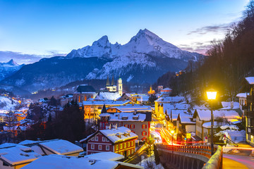 Historic town of Berchtesgaden with famous Watzmann mountain in the background, National park...