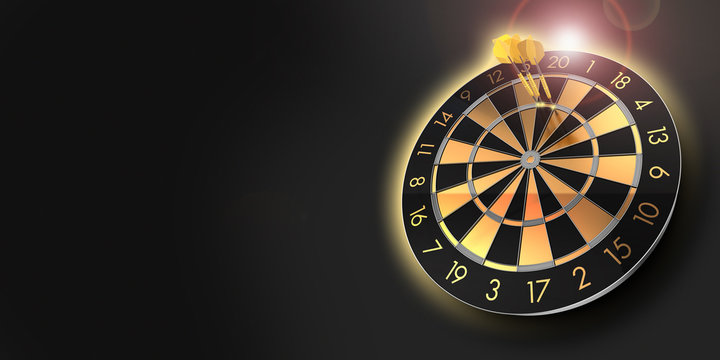festive black and glossy golden dart board with copy space and lens flare and a score of 180  - 3D rendering