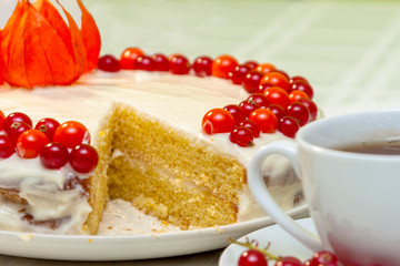 Homemade cake decorated with red physalis berries and flowers called 