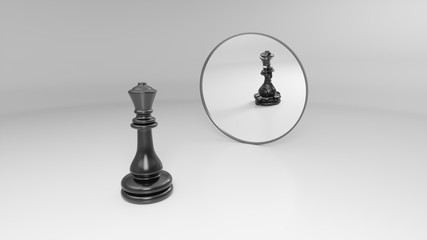 black queen sees his broken reflection in the mirror, 3d illustration