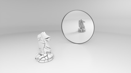 white broken knight sees his broken reflection in the mirror, 3d illustration
