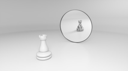 white rook sees his broken reflection in the mirror, 3d illustration