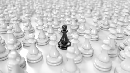 black pawn stands among a huge crowd of white pawns, 3d illustration