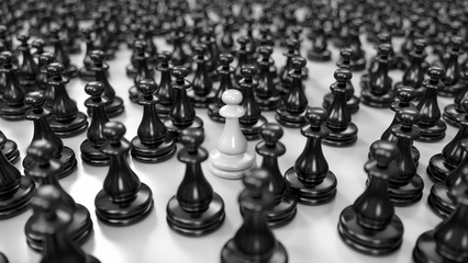 white pawn stands among a huge crowd of black pawns, 3d illustration