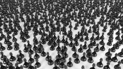 white pawn stands among a huge crowd of black pawns, 3d illustration