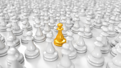 golden pawn stands among a huge crowd of white pawns, 3d illustration