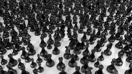 white king stands among various black chess pieces, 3d illustration