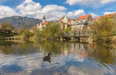 Obraz premium Pond in park and exterior view of old town main street square with historic houses in background. Frohnleiten, Styria, Austria 