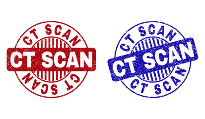 Grunge CT SCAN round stamp seals isolated on a white background. Round seals with grunge texture in red and blue colors. Vector rubber imitation of CT SCAN title inside circle form with stripes.