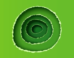Abstract green background in cut out of paper style. Torn paper in round shapes with shadow. Vector card illustration for ecology flyer or poster