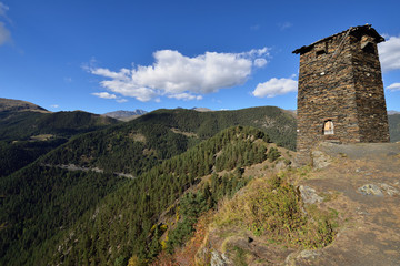 Fototapeta na wymiar Defensive towers on the Caucasus trekking, Omalo trekking, Caucas, Georgia